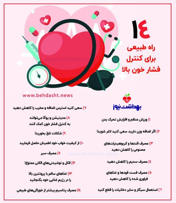 اینفوگرافی، 14 راه طبیعی برای کنترل فشار خون بالا اینفوگرافی، 14 راه طبیعی برای کنترل فشار خون بالا